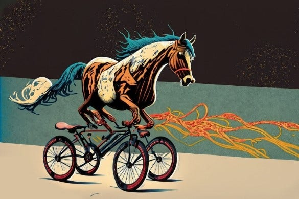 Un cheval se tenant nerveusement en équilibre sur un vélo