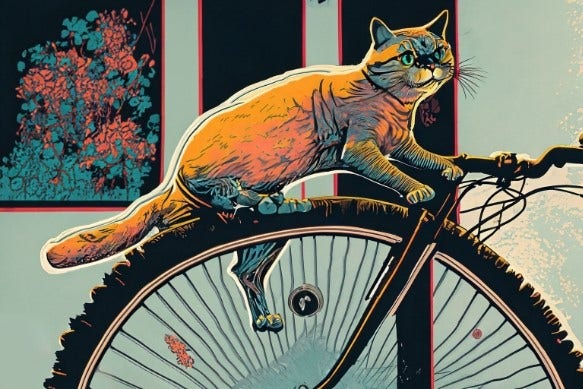 Un chat se tenant nerveusement en équilibre sur un vélo