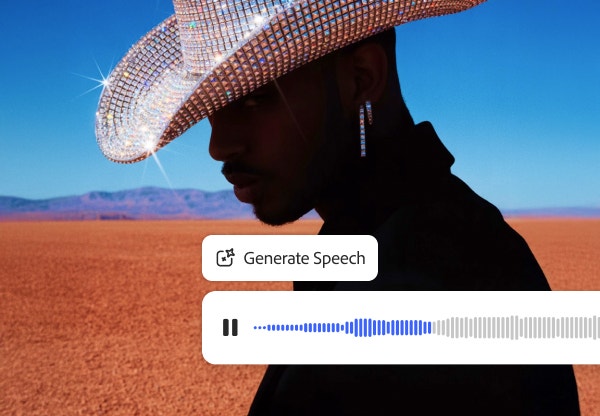 Concept de synthèse vocale par IA montrant une personne avec des boucles d’oreilles et un chapeau scintillants dans un paysage désertique, avec une forme d’onde audio en incrustation