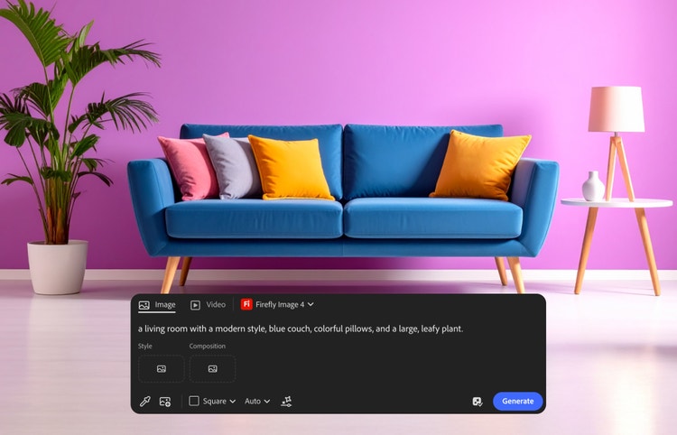 Image générée avec l’IA d’un canapé contre un mur violet à côté d’une grande plante, accompagnée d’un prompt dans le module Du texte à l’image de Firefly