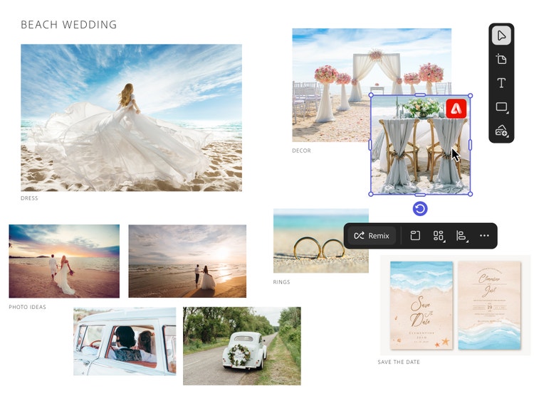 Exemples de moodboard de mariage comportant des inspirations pour une cérémonie sur le thème de la plage