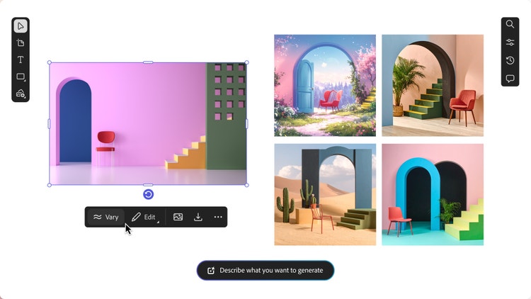Exemple de moodboard avec plusieurs arches et escaliers, montrant à quel point il est facile de tester des styles et d’en changer avec&nbsp;Firefly