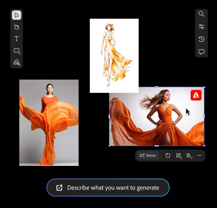 Images de mode générées avec l’outil d’IA Du texte à l’image de&nbsp;Firefly et représentant des femmes en robes de couleur orange vif pour un moodboard