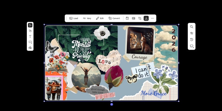 Tableau de visualisation comportant des citations inspirantes, des papillons, des fleurs, des personnes qui s’enlacent, un chat qui se regarde dans le miroir et se perçoit comme un lion, ainsi qu’une femme qui bondit de joie