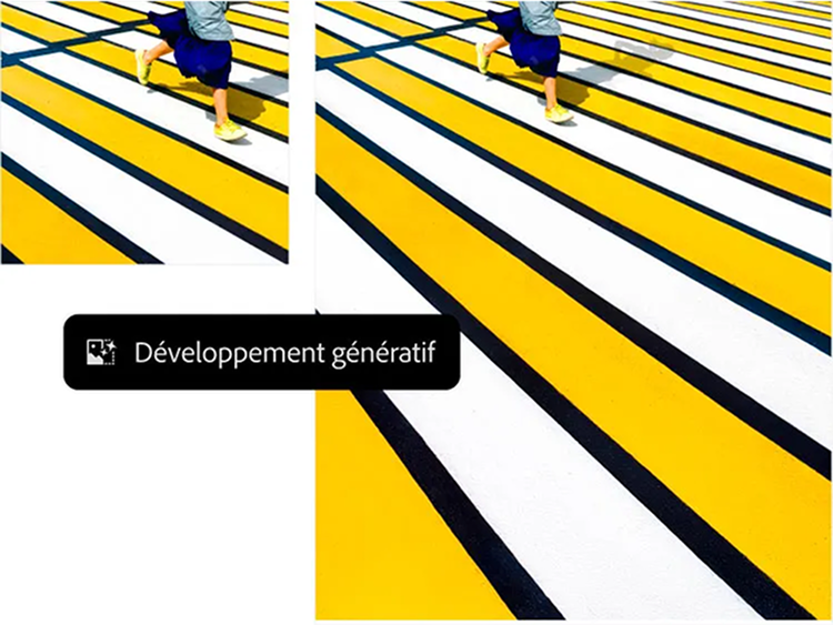 Une femme marche sur un sol rayé jaune et blanc, mettant en valeur un cadre vivant et coloré.