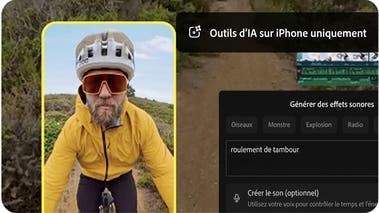 Cycliste en blouson jaune à côté de captures d’écran du module Générer des effets sonores (fonctionnalités d’IA uniquement disponibles sur iPhone)
