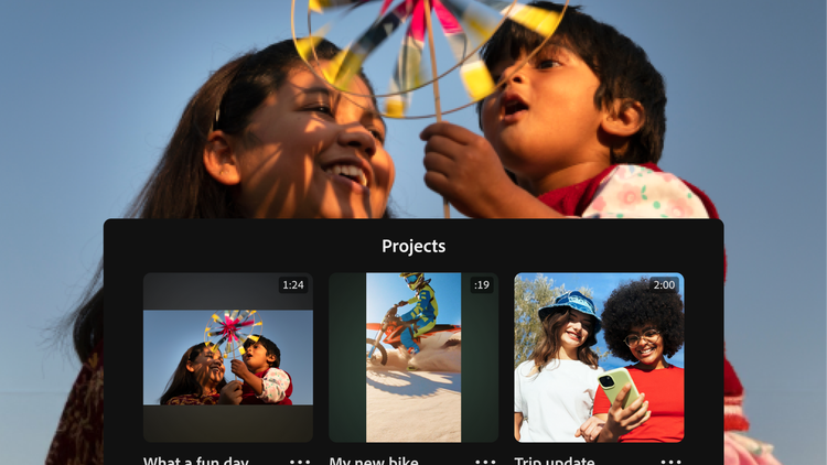 Image vidéo de deux enfants jouant avec un moulin à vent avec, en incrustation, la fenêtre Projets qui affiche la même image à côté de deux autres