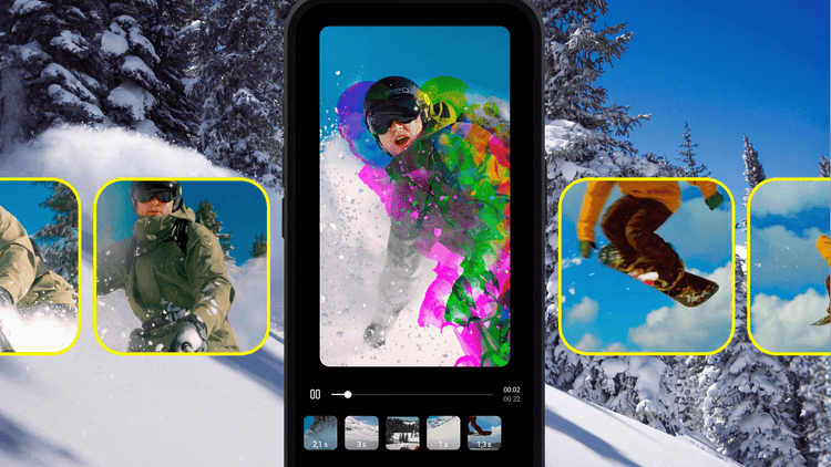 Interface de montage de Premiere sur iPhone affichant des séquences de snowboard sur fond de paysage enneigé