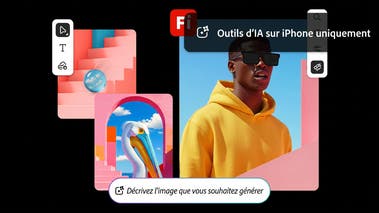 Images générées par IA représentant une cigogne, un homme en sweat-shirt à capuche jaune et des formes abstraites avec, en incrustation, le logo Firefly et la barre de prompt (fonctionnalités d’IA uniquement disponibles sur iPhone)