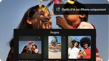 Image vidéo de deux enfants jouant avec un moulin à vent avec, en incrustation, l’interface Projets qui affiche cette même image aux côtés de deux autres (fonctionnalités d’IA uniquement disponibles sur iPhone)