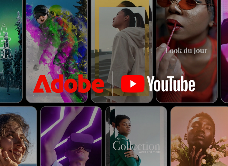 Images extraites de YouTube Shorts : une femme portant des lunettes avec des verres teintés rouges, un snowboardeur, une femme avec un casque de réalité virtuelle et un homme tenant des fleurs avec, en incrustation, les logos Adobe et YouTube