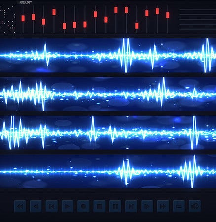 Visuel d'ondes de fréquences audio bleu néon et d'une table de commande.