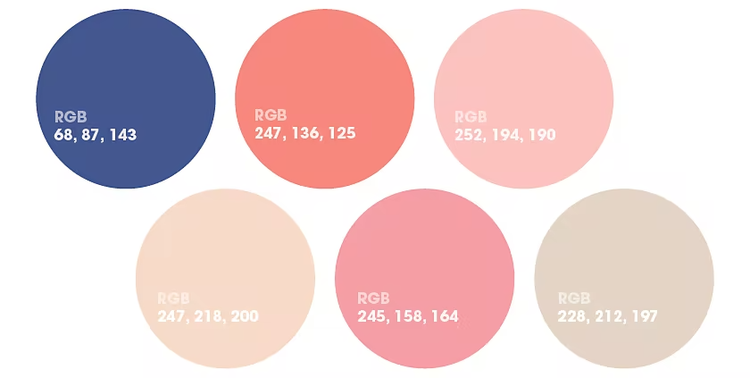Plusieurs cercles de différentes couleurs, espacés les uns des autres, avec du texte superposé sur chacun indiquant leurs codes couleur&nbsp;RVB