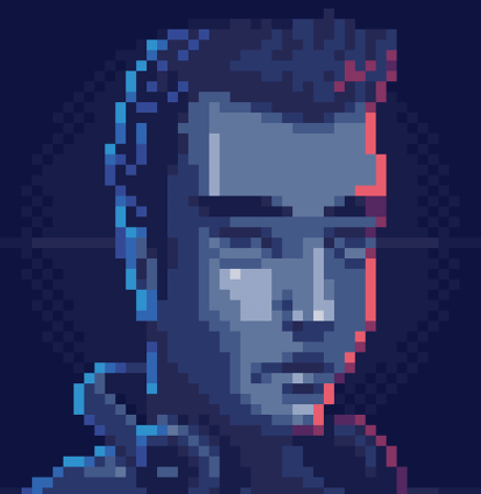 Portrait en pixel art d’un homme avec un casque audio autour du cou