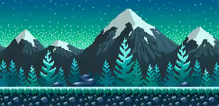 Illustration pixellisée d’un mur de pierres, d’arbres, de montagnes et d’un ciel étoilé