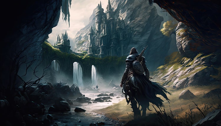 Visuel d’un jeu vidéo qui représente un homme devant un château abandonné