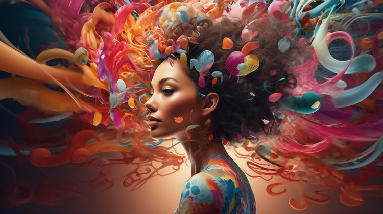 œuvre d'art générée par l'intelligence artificielle dans laquelle une femme est entourée d'une explosion de couleurs