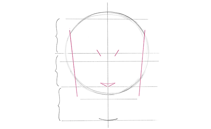 Esquisse d'un visage avec des lignes directrices roses