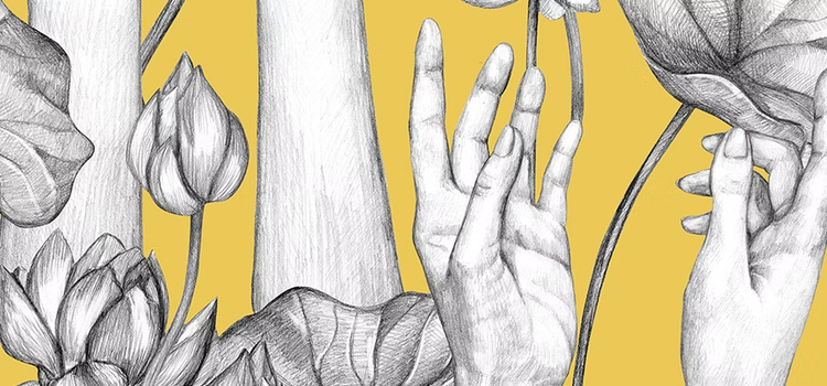 Dessin de mains humaines attrapant des fleurs