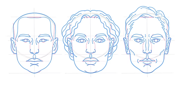 Trois visages dessinés avec les proportions surlignées