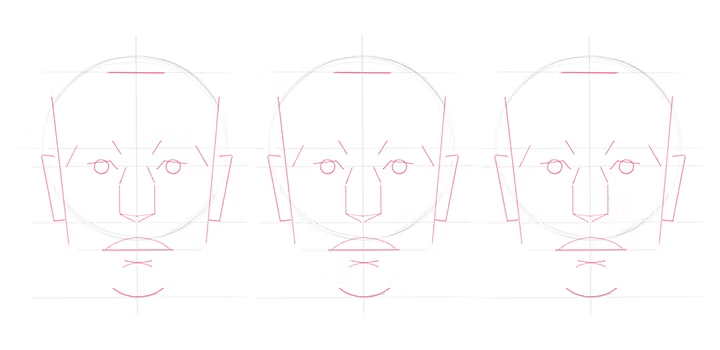 Trois dessins de visage côte à côte avec des lignes directrices