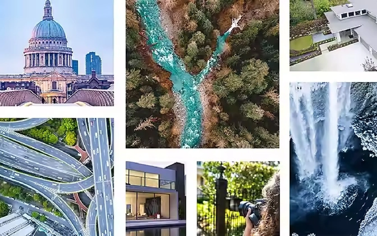 Collage de différents types de photos de paysages urbains et de structures