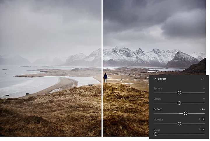 The Adobe Lightroom effects menu pane superimposed over an image split down the middle with different effects applied to both sides