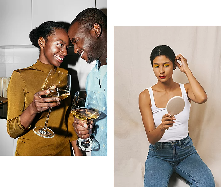 To the left: A couple's photo is captured in low light conditions with their shadows highlighted on the kitchen walls. To the right: A person checking their makeup in a hand mirror while sitting in front of a photo backdrop