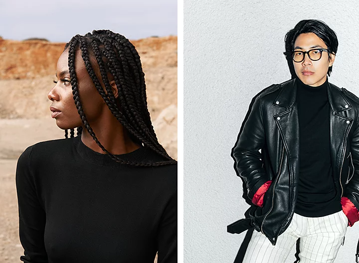 To the left: A model standing in front of the camera with their face in profile looking at the desert landscape. To the right: A model with hands in pockets is silhouetted with their shadow using an LED flash