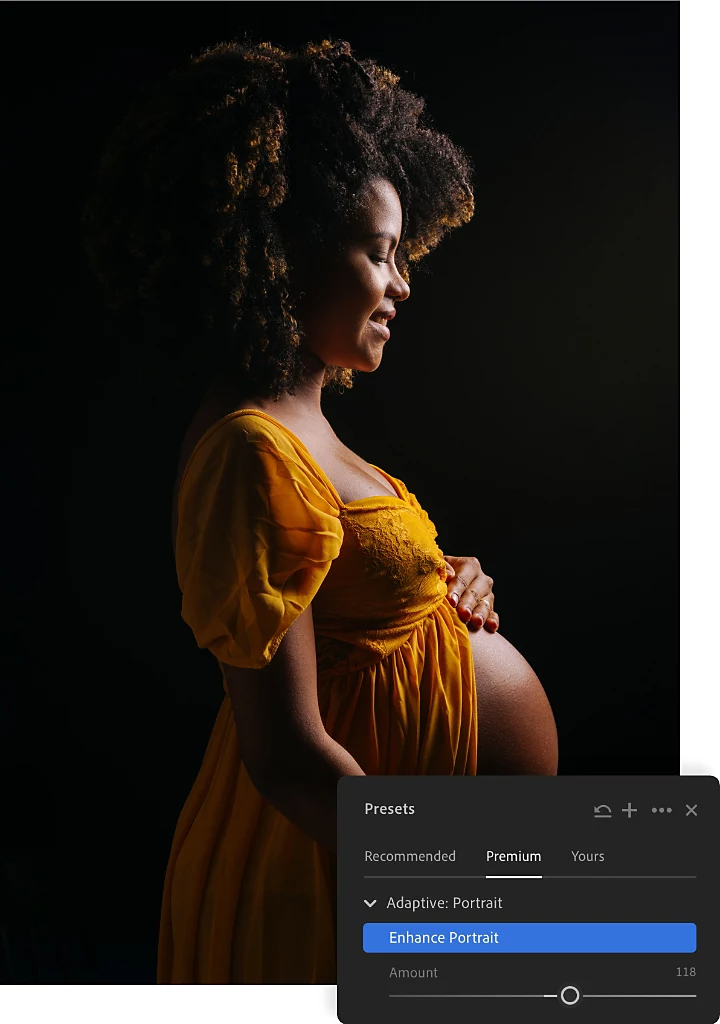 Lightroom Presets window superimposed on a silhouette-style maternity portrait photo.
