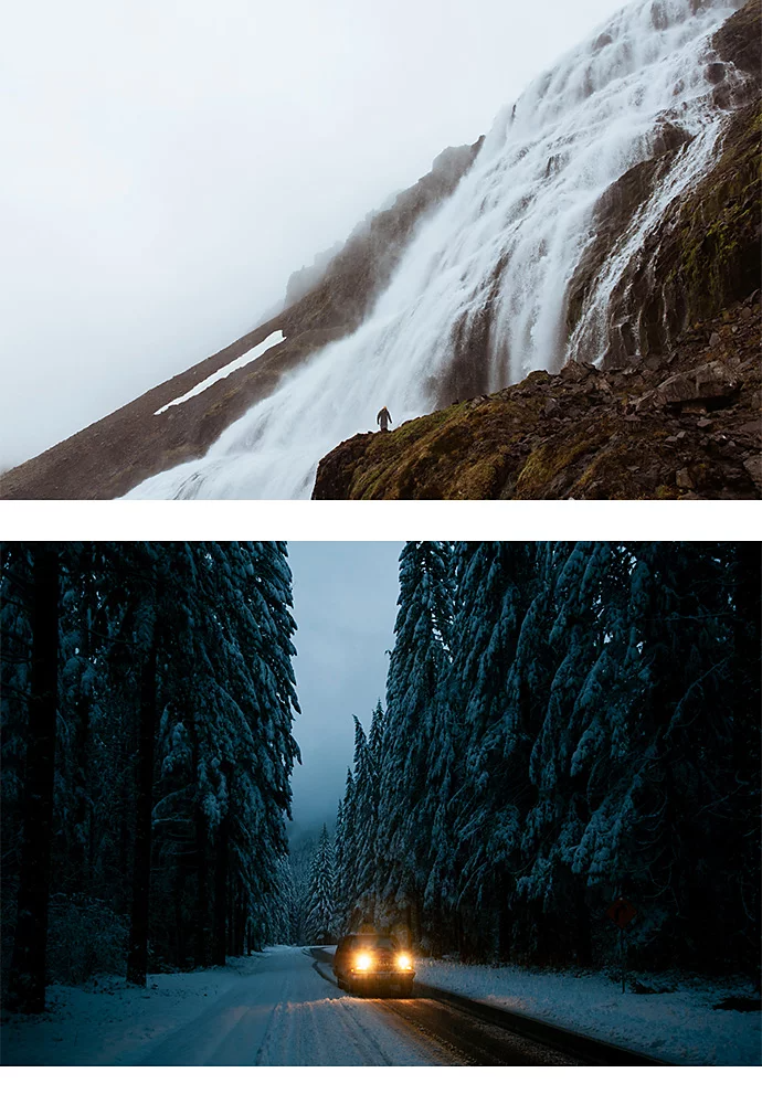 Deux photos à contraste élevé superposées : une photo d’eau dévalant une montagne, au-dessus d’une photo d’une voiture roulant sur une route enneigée à travers une forêt