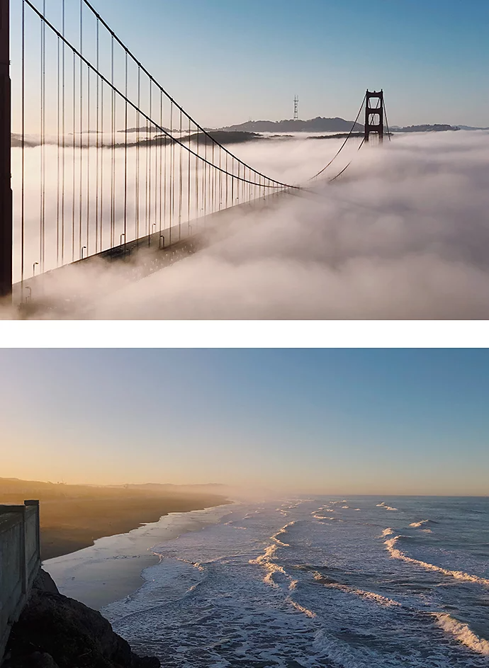 Deux photos disposées l’une sur l’autre verticalement, l’une du Golden Gate et l’autre de l’océan