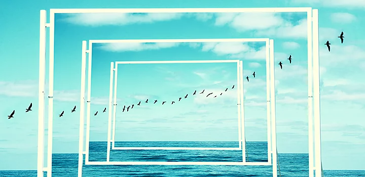 Photo surréaliste d’une photo d’oiseaux au-dessus de l’océan dans une photo identique