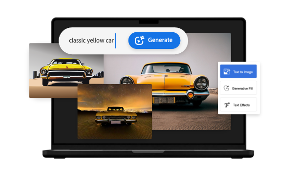 A black laptop with three images of a classic yellow car overlaid atop it., Picture