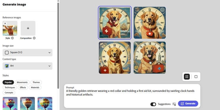 Génération de quatre images différentes représentant un golden retriever