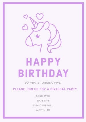 Pink Illustrated Birthday Party Invitation Card with Unicorn and Hearts Unicorn Birthday Card