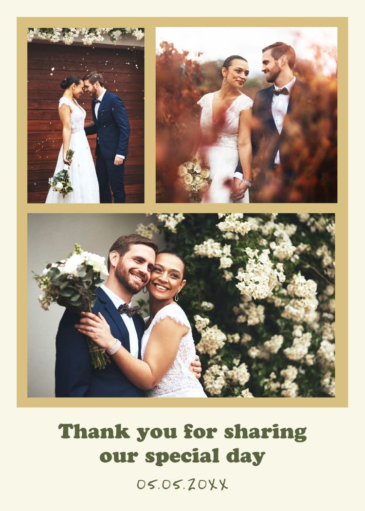 Beige And Green Photo Collage Wedding Thank You Card