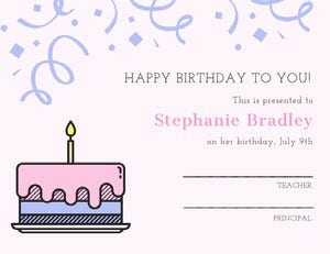 Pink and Blue Birthday Certificate from School with Cake Birthday Certificate