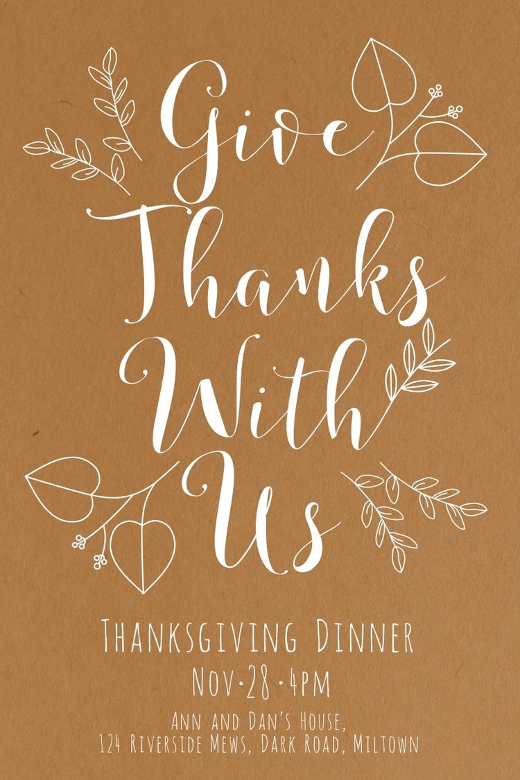 Brown Floral Calligraphy Thanksgiving Dinner Invitation Card