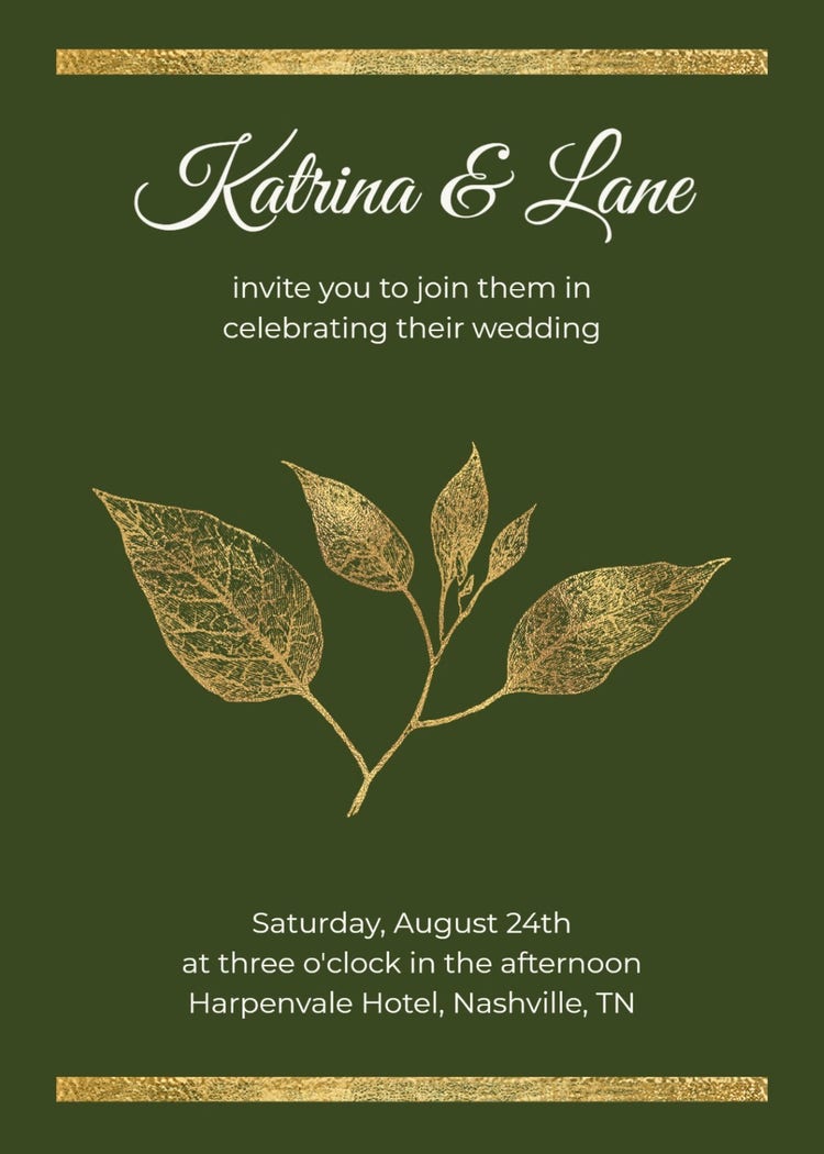 Green And Gold Leaf Rustic Wedding Invitation