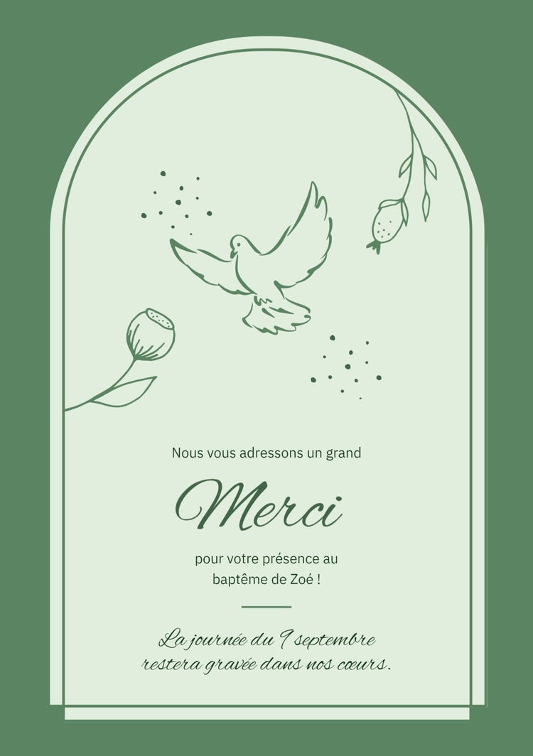 green illustrated christening thank you card