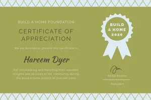 Green Build a Home Volunteer Appreciation Certificate  Certificate of Appreciation