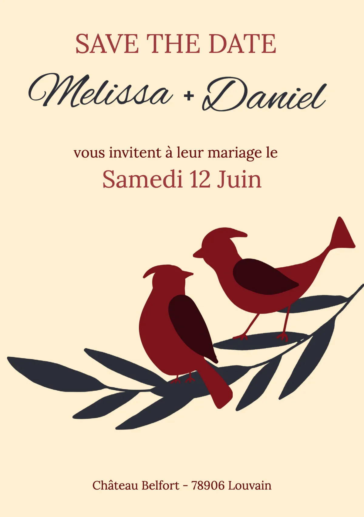 Beige red Illustrated birds Save the date Wedding Invitation
