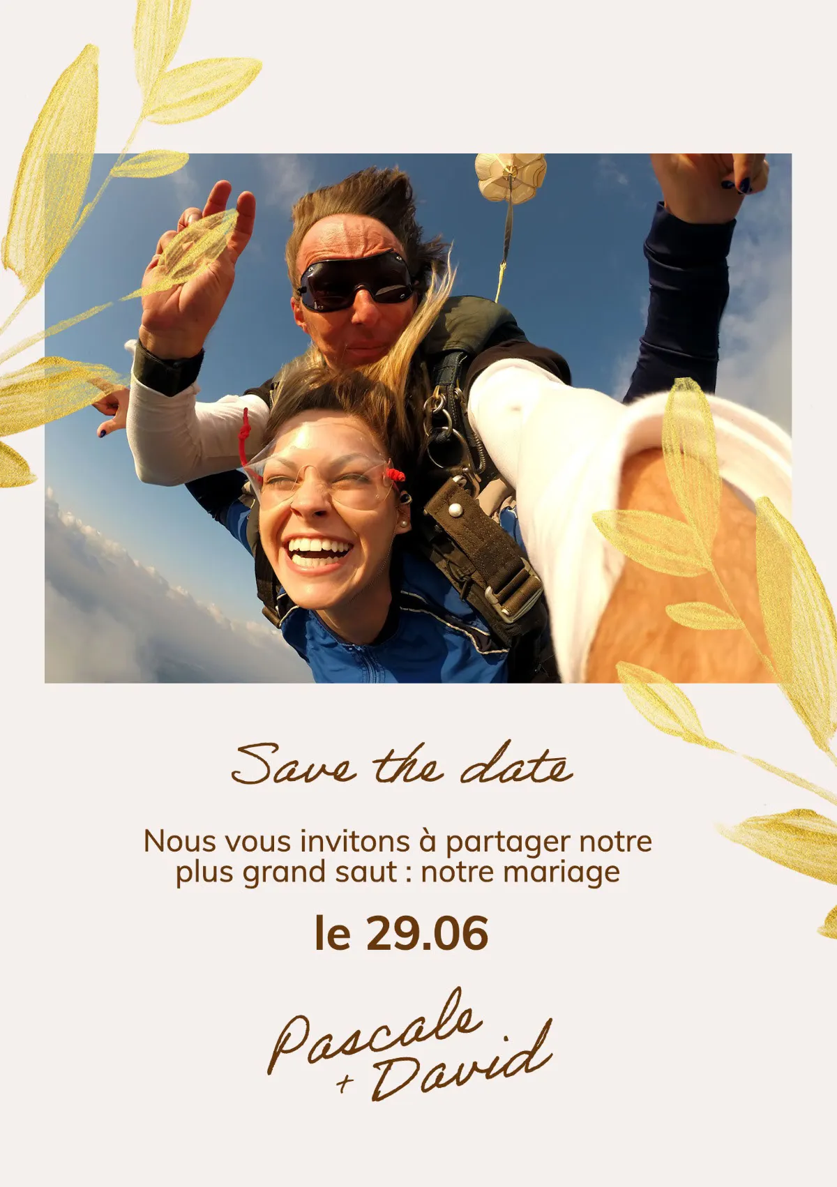 Beige Golden flowers Couple Save the date Wedding Invitation