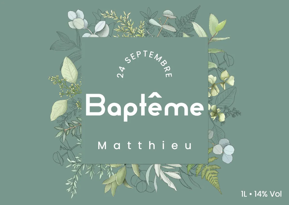 Green Floral Baptism Wine Label