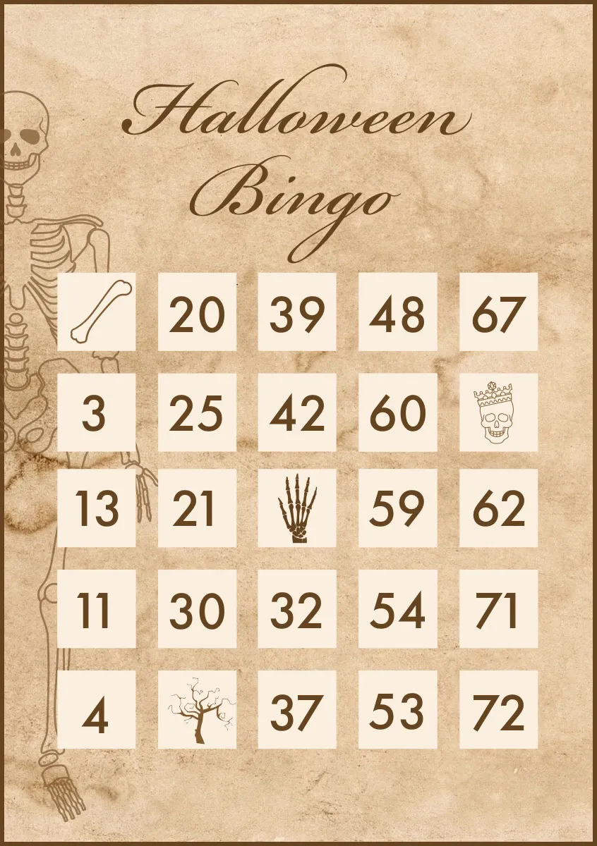 Beige and White Old Bones Halloween Party Bingo Card