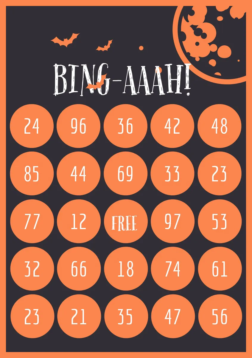 Orange and Black Bats and Moon Halloween Party Bingo Card