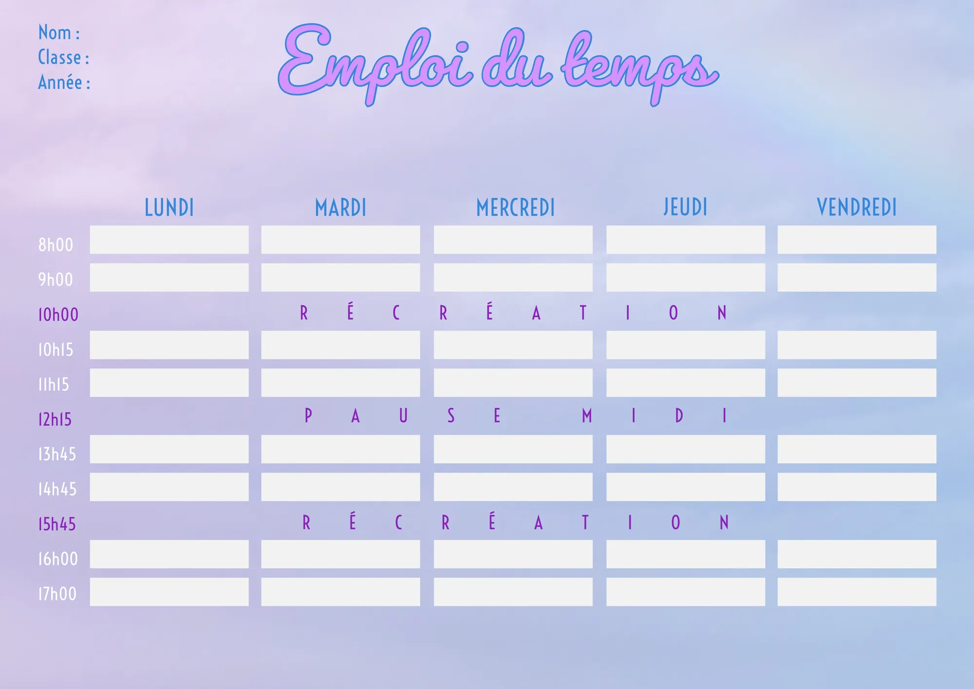 Purple Cloud Weekly Planner Timetable A4