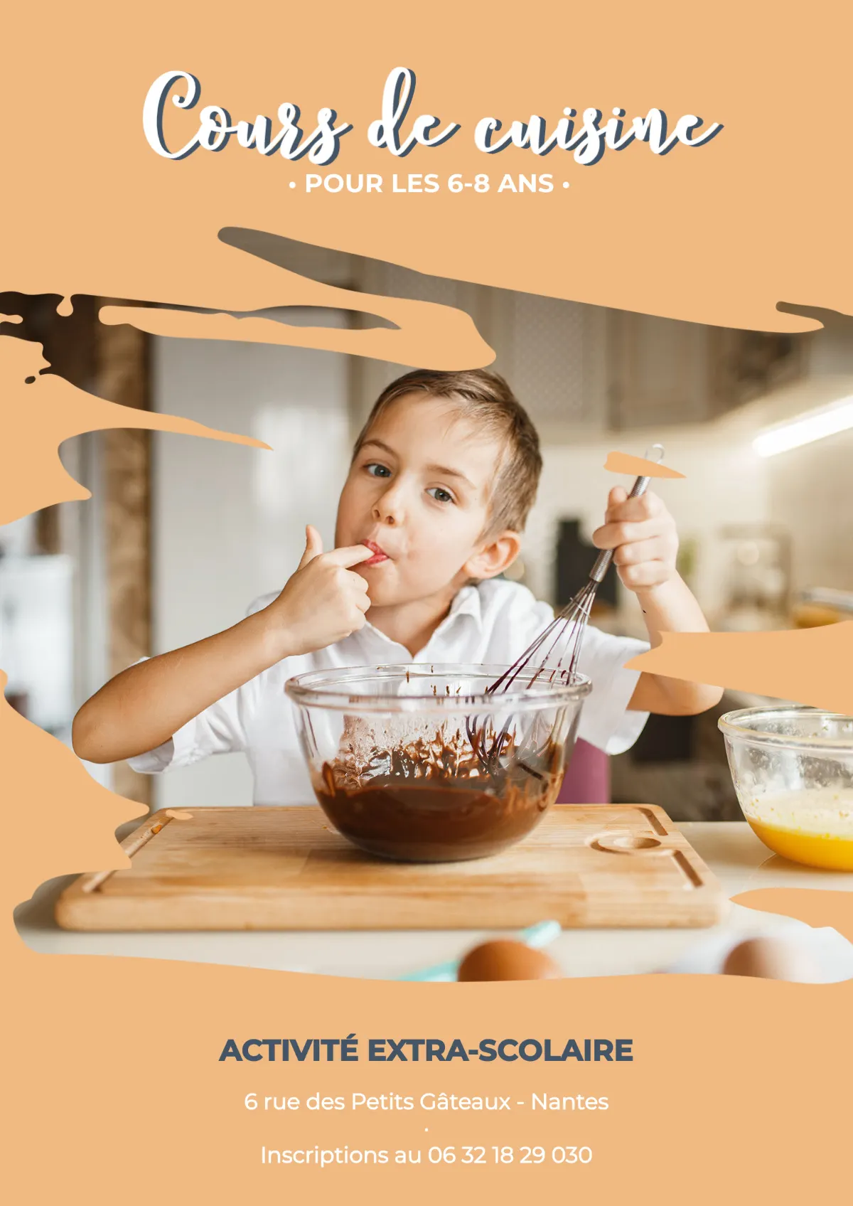 Cooking class for kids after school with orange brush and a child boy with ingredients poster
