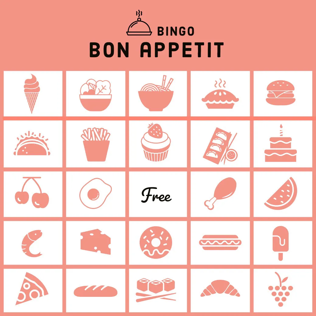 Pink Illustrated Food Bingo Card